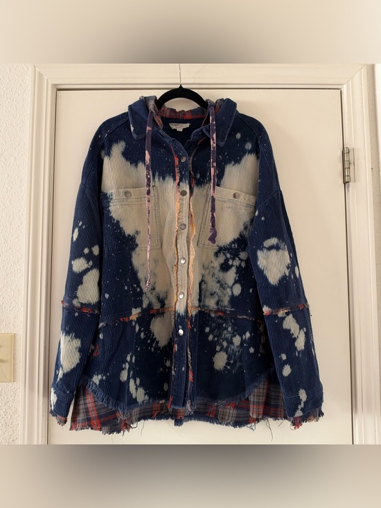 Oli & Hali Jackets & Blazers - Oli & Hali Navy Bleach-Dyed Corduroy Hooded Utility Jacket Plaid Accents